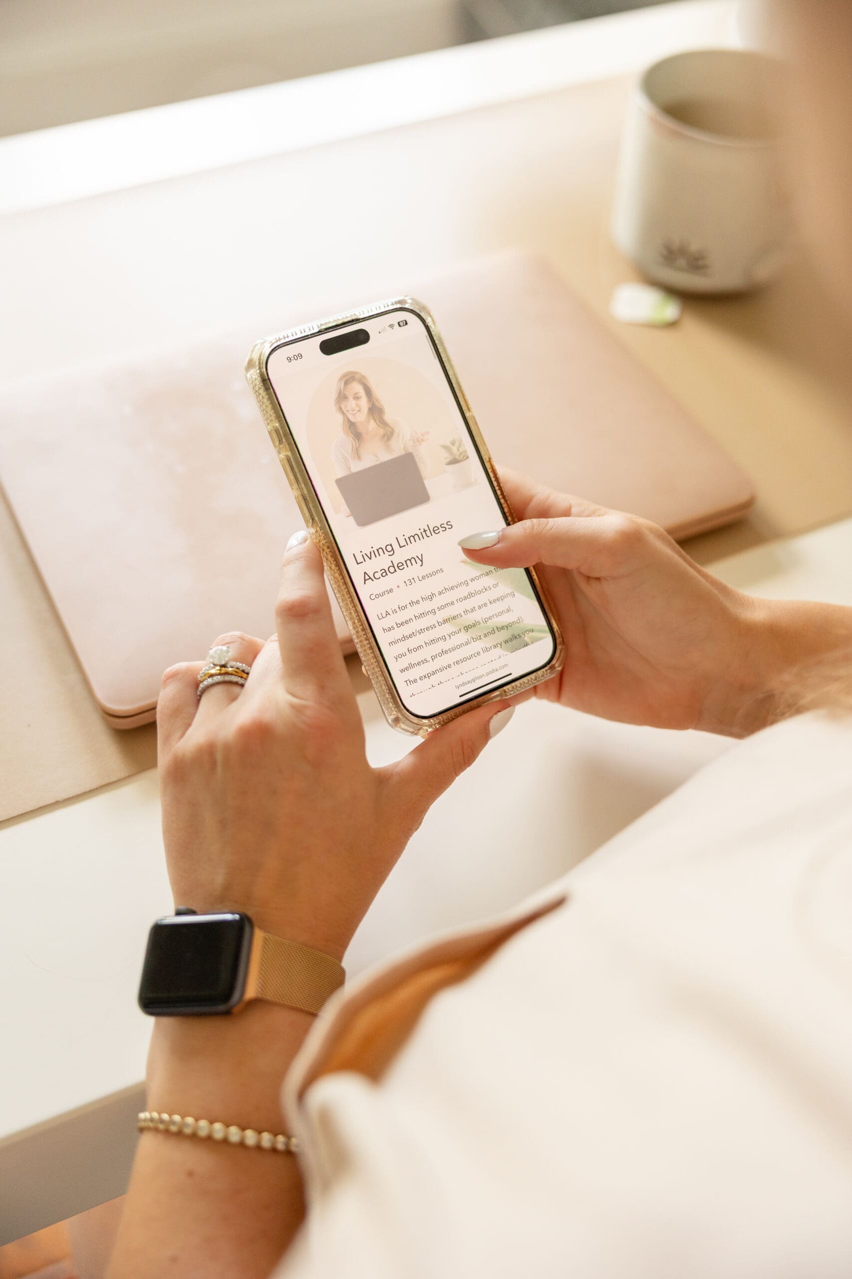 Person holds phone with mindset course welcome page | Brand Photo Process | Kayla Petrosky Photography