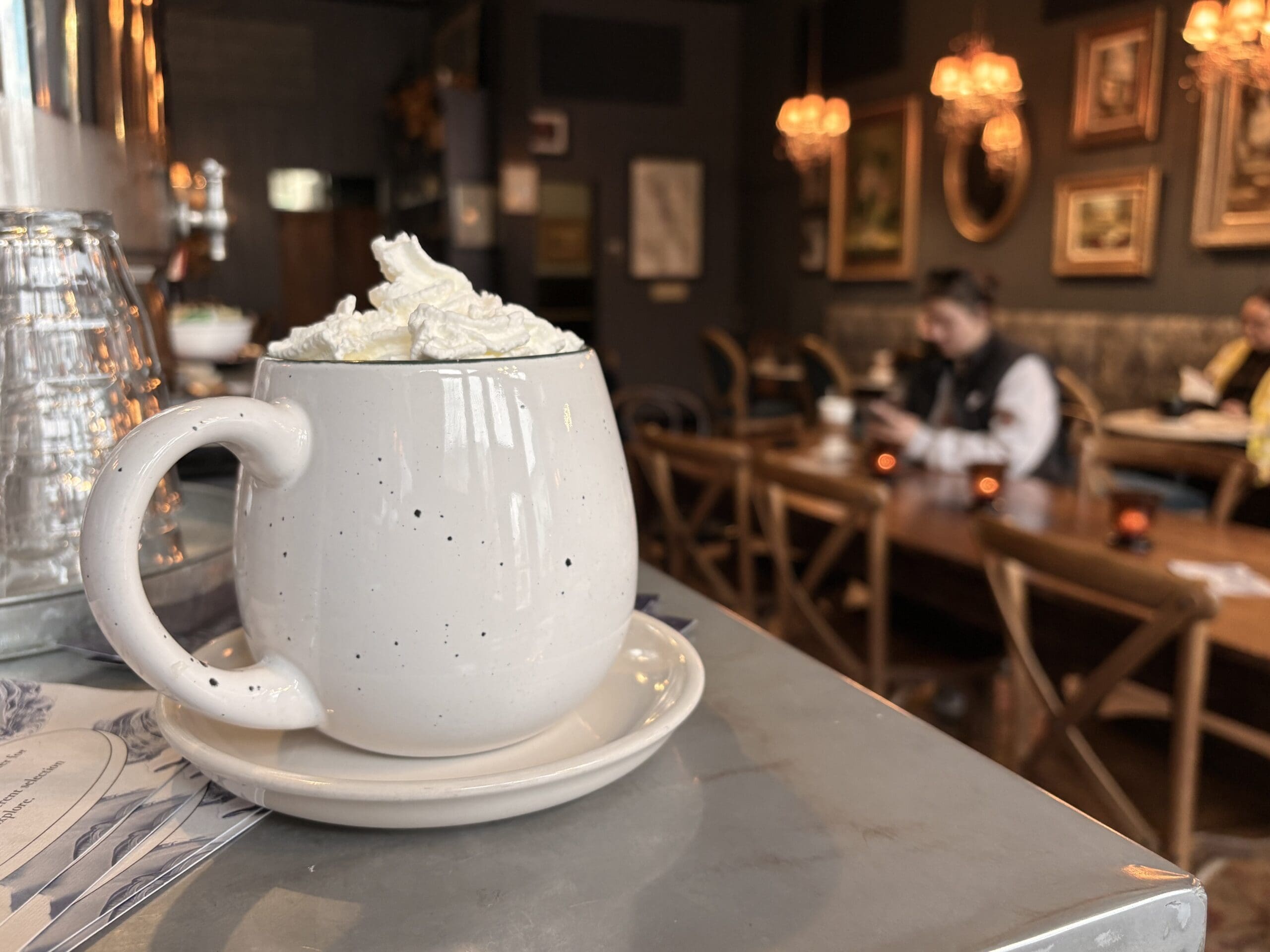 Speckled mug topped with whipped cream sits on a counter of a cozy coffee shop | Shop small in Greater Lafayette, Indiana