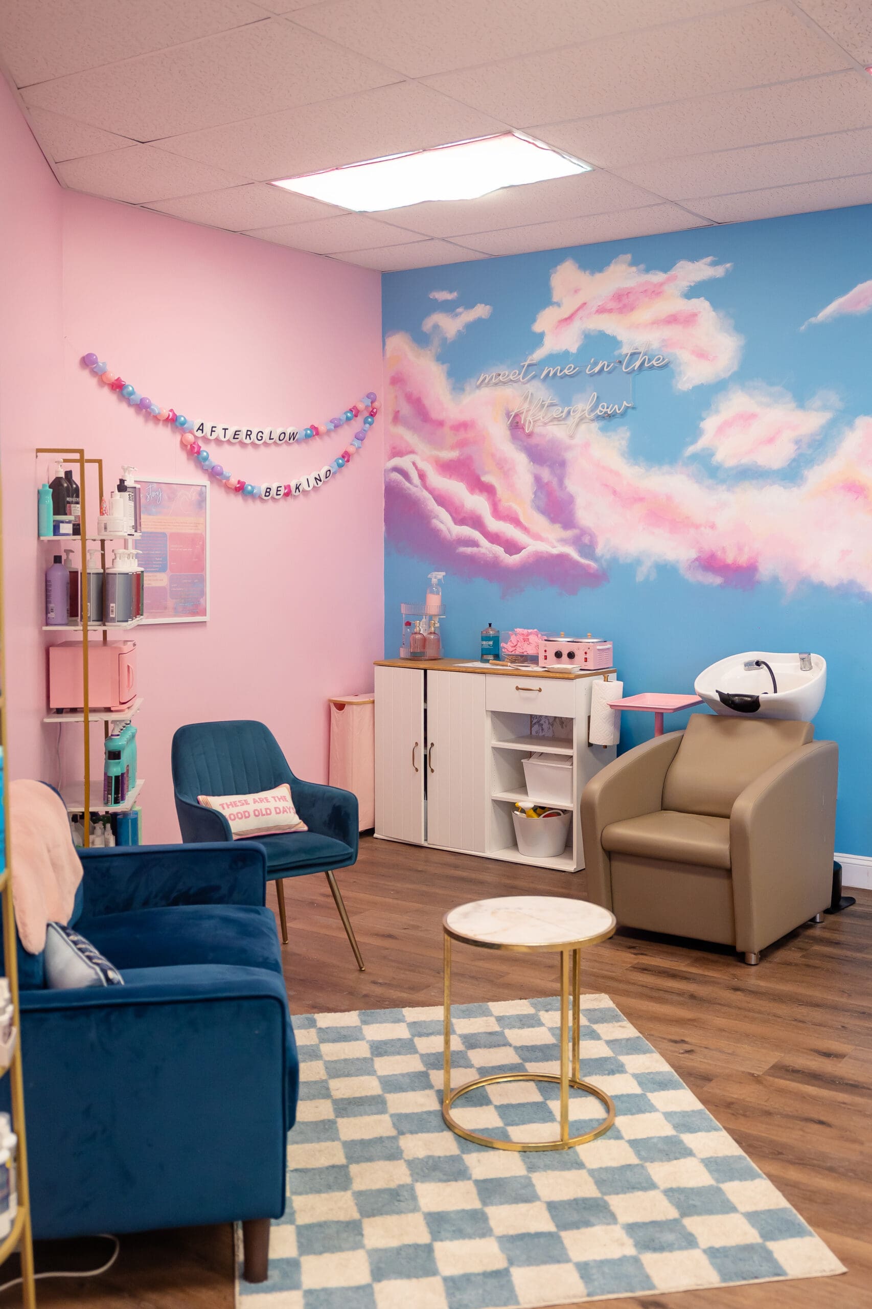 Pink and blue themed hair salon welcome area | Hair studio brand photos